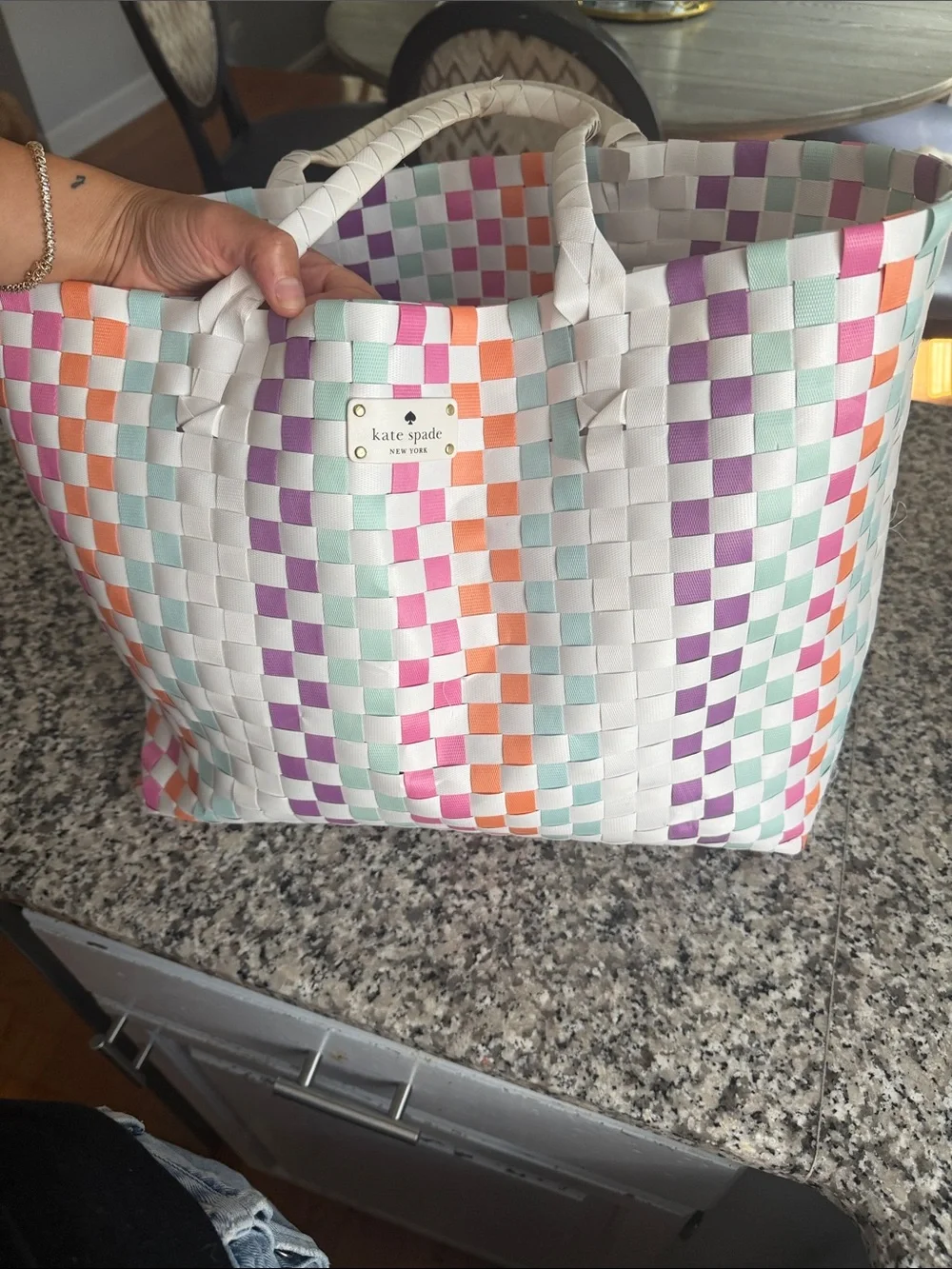 kate spade White Multicolor Woven Check Tote
